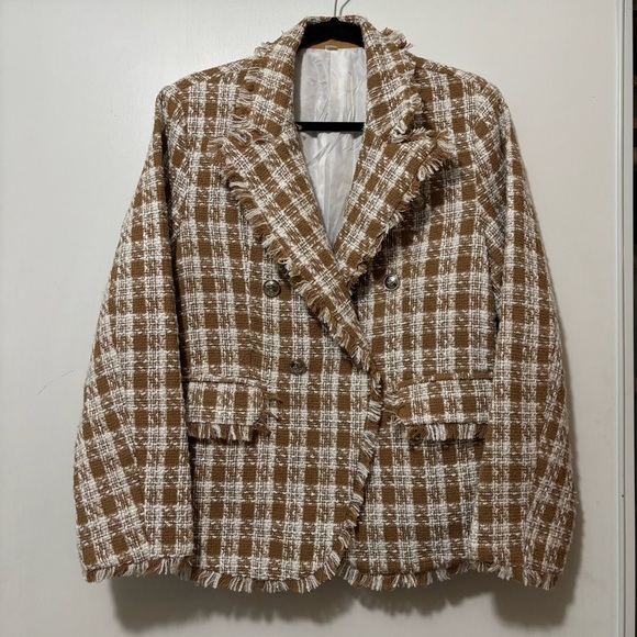 SHEIN Clasi Women's Plaid Brown and White Double Breasted blazer/jacket - Picture 1 of 6